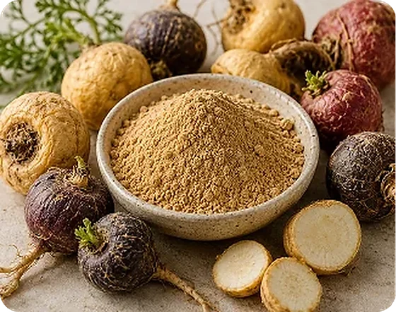 Maca root and its powder, one of the four botanical extracts on the HoneyFil label